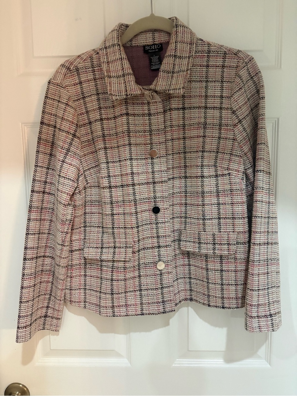 SOHO Apparel Ltd Women’s Large Blush Pink Multicolor Tweed Plaid Jacket